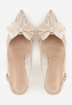 Beżowe Szpilki VICES Slingback z Kokardą Cyrkoniami i Transparetną Wstawką Kalilise
