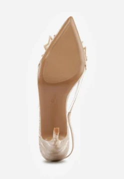 Beżowe Szpilki VICES Slingback z Kokardą Cyrkoniami i Transparetną Wstawką Kalilise