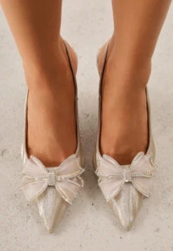 Beżowe Szpilki VICES Slingback z Kokardą Cyrkoniami i Transparetną Wstawką Kalilise