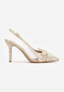 Beżowe Szpilki VICES Slingback z Kokardą Cyrkoniami i Transparetną Wstawką Kalilise
