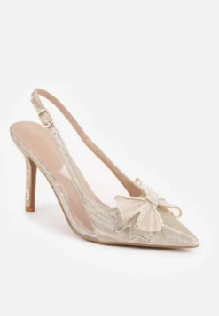 Beżowe Szpilki VICES Slingback z Kokardą Cyrkoniami i Transparetną Wstawką Kalilise