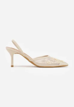 Beżowe Szpilki VICES Slingback z Noskami w Szpic Ozdobionymi Haftem i Koralikami Laraidina