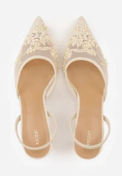 Beżowe Szpilki VICES Slingback z Noskami w Szpic Ozdobionymi Haftem i Koralikami Laraidina
