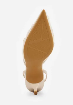 Beżowe Szpilki VICES Slingback z Noskami w Szpic Ozdobionymi Haftem i Koralikami Laraidina