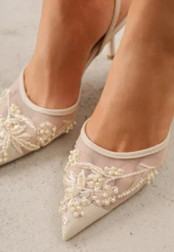 Beżowe Szpilki VICES Slingback z Noskami w Szpic Ozdobionymi Haftem i Koralikami Laraidina