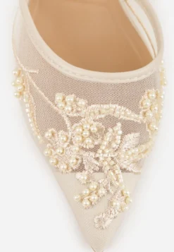 Beżowe Szpilki VICES Slingback z Noskami w Szpic Ozdobionymi Haftem i Koralikami Laraidina
