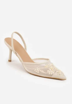 Beżowe Szpilki VICES Slingback z Noskami w Szpic Ozdobionymi Haftem i Koralikami Laraidina