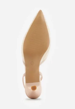 Beżowe Szpilki z Paskiem w Typie Slingback z Cholewką z Siateczki i Koralikami Carilriane