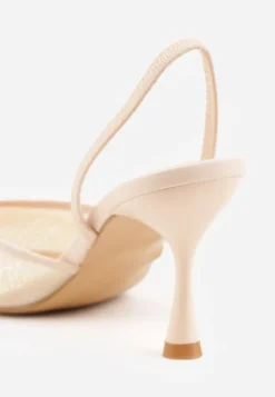 Beżowe Szpilki z Paskiem w Typie Slingback z Cholewką z Siateczki i Koralikami Carilriane
