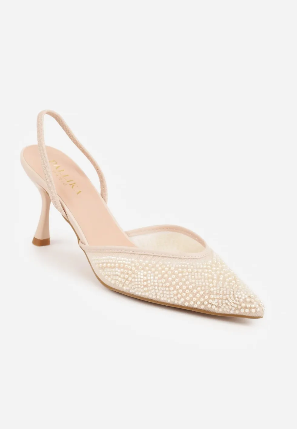Beżowe Szpilki z Paskiem w Typie Slingback z Cholewką z Siateczki i Koralikami Carilriane