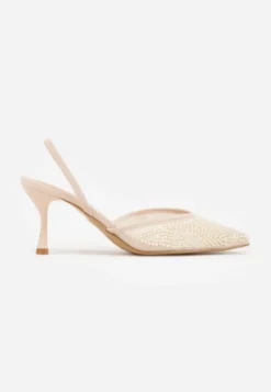 Beżowe Szpilki z Paskiem w Typie Slingback z Cholewką z Siateczki i Koralikami Carilriane