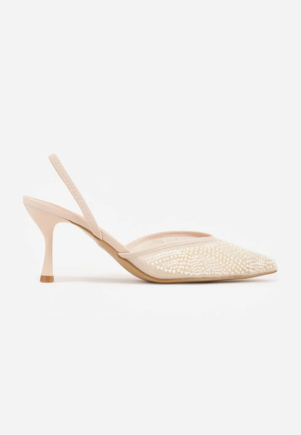 Beżowe Szpilki z Paskiem w Typie Slingback z Cholewką z Siateczki i Koralikami Carilriane