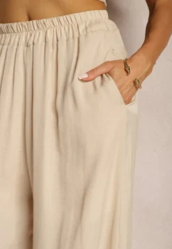 Beżowe Wiskozowe Spodnie Szerokie High Waist Rissalene