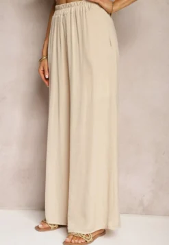 Beżowe Wiskozowe Spodnie Szerokie High Waist Rissalene
