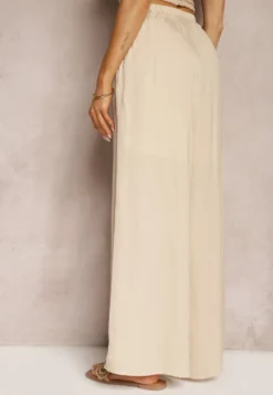 Beżowe Wiskozowe Spodnie Szerokie High Waist Rissalene