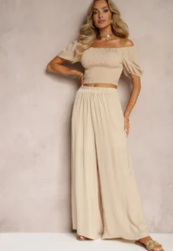 Beżowe Wiskozowe Spodnie Szerokie High Waist Rissalene