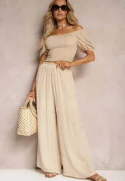 Beżowe Wiskozowe Spodnie Szerokie High Waist Rissalene