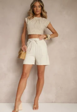 Beżowe Wiskozowe Szorty Bermudy High Waist z Lnem Dorotella