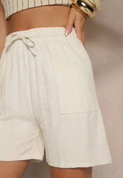 Beżowe Wiskozowe Szorty Bermudy High Waist z Lnem Dorotella