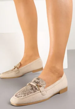 Beżowe Wężowe Mokasyny w Stylu Klasycznych Loafersów Effena