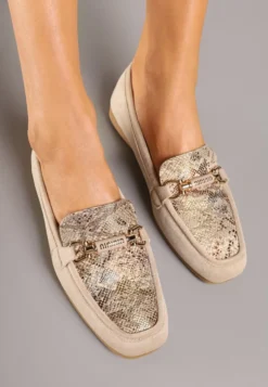 Beżowe Wężowe Mokasyny w Stylu Klasycznych Loafersów Effena