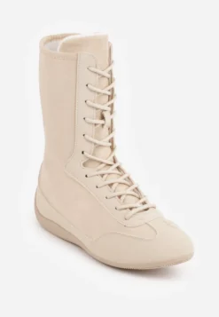Beżowe Wysokie Sneakersy Typu Boxing Boots z Ocieplaną Wyściółką Tilpera