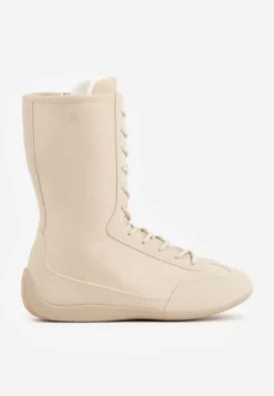 Beżowe Wysokie Sneakersy Typu Boxing Boots z Ocieplaną Wyściółką Tilpera