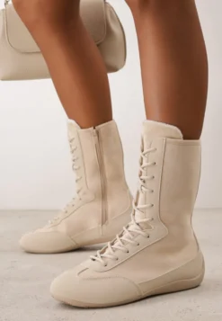 Beżowe Wysokie Sneakersy Typu Boxing Boots z Ocieplaną Wyściółką Tilpera