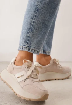 Beżowe Zamszowe Sneakersy na Platformie z Wkładką ze Skóry Naturalnej Inferis