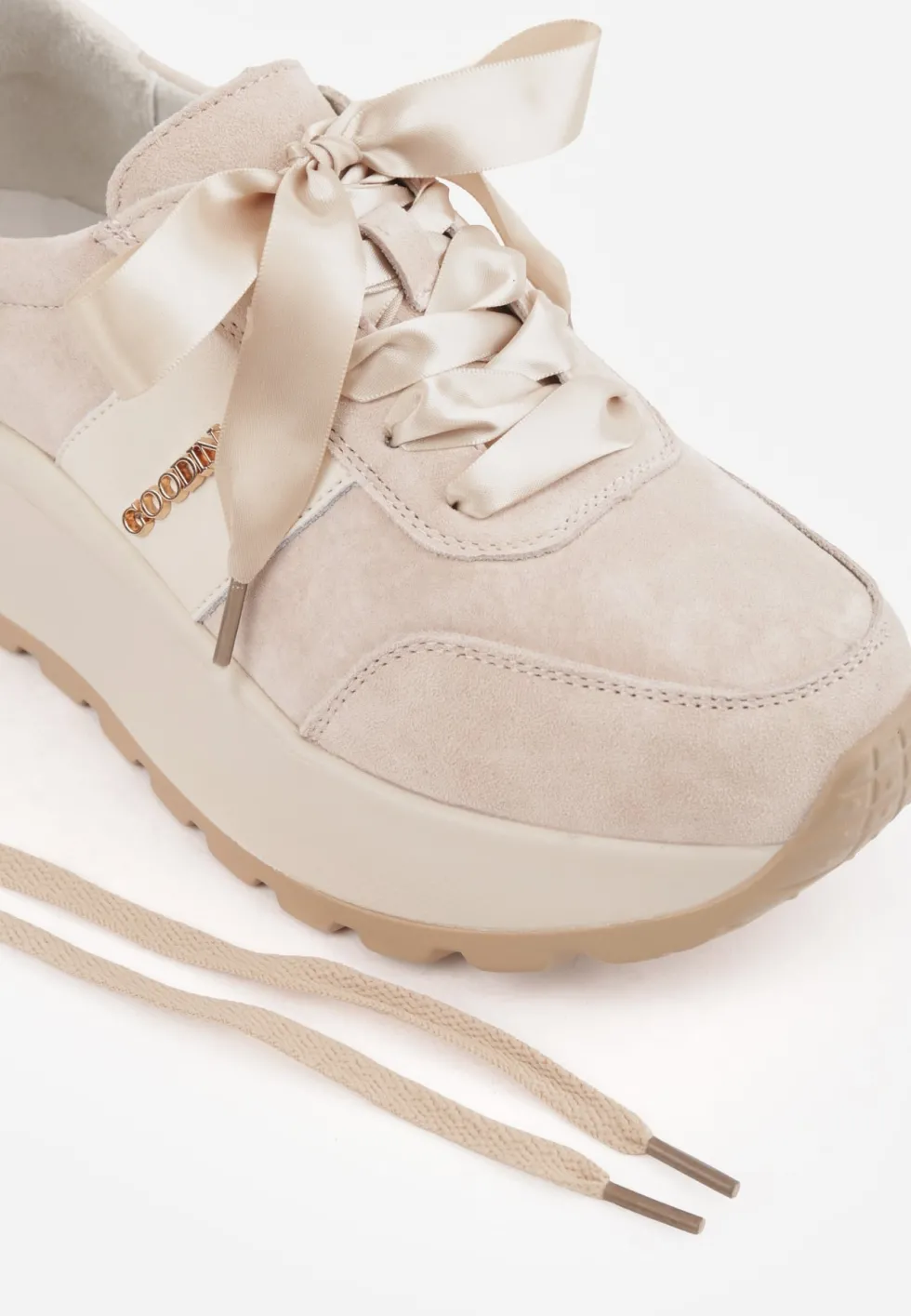 Beżowe Zamszowe Sneakersy na Platformie z Wkładką ze Skóry Naturalnej Inferis