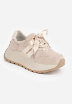 Beżowe Zamszowe Sneakersy na Platformie z Wkładką ze Skóry Naturalnej Inferis