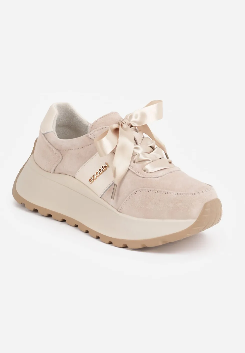 Beżowe Zamszowe Sneakersy na Platformie z Wkładką ze Skóry Naturalnej Inferis