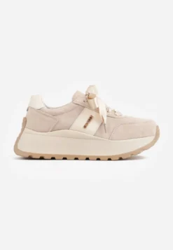 Beżowe Zamszowe Sneakersy na Platformie z Wkładką ze Skóry Naturalnej Inferis