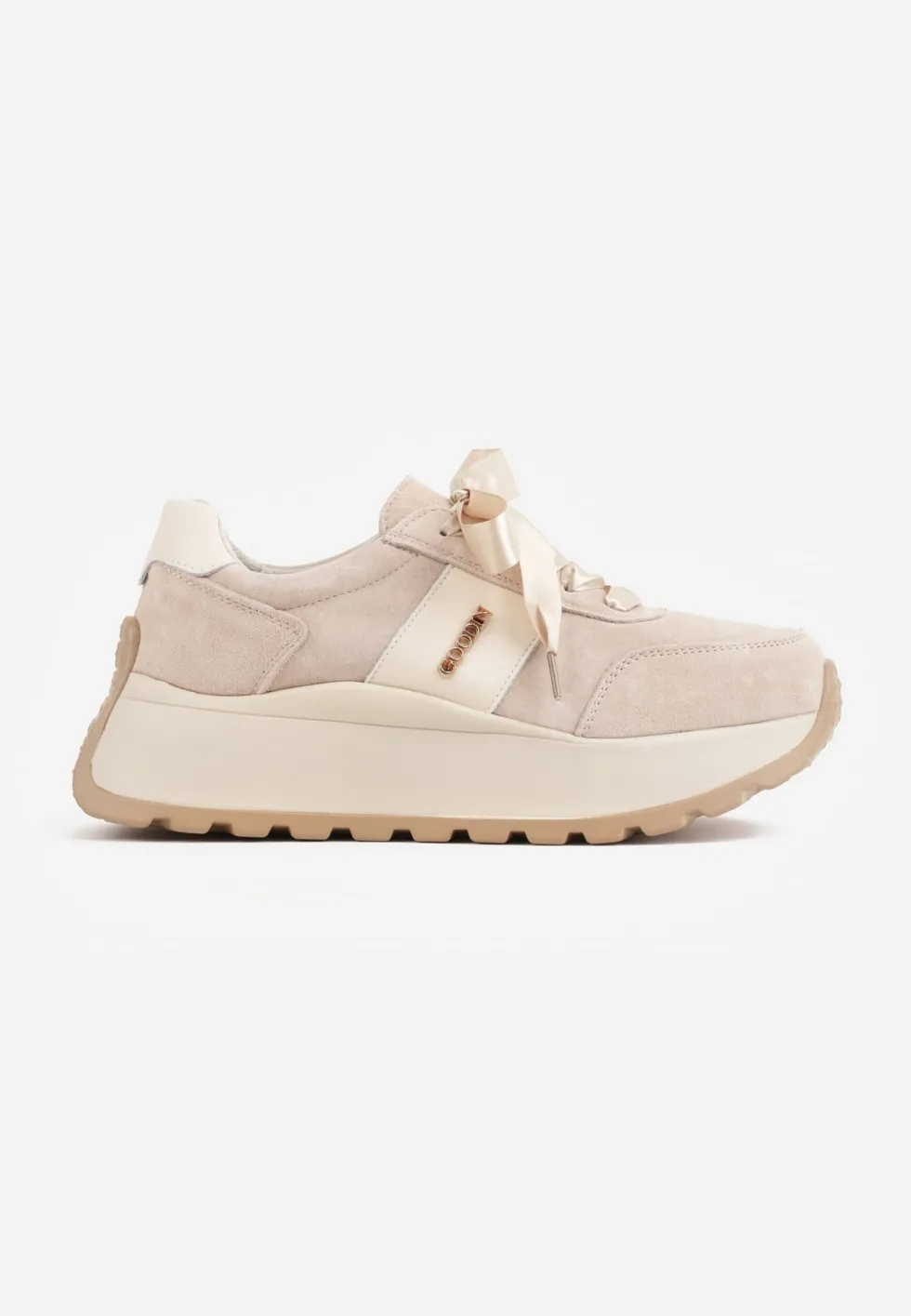 Beżowe Zamszowe Sneakersy na Platformie z Wkładką ze Skóry Naturalnej Inferis