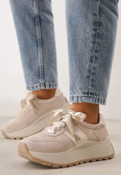 Beżowe Zamszowe Sneakersy na Platformie z Wkładką ze Skóry Naturalnej Inferis