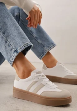 Beżowo-Białe Sneakersy Tenisówki Ozdobione Paskami Sovresia