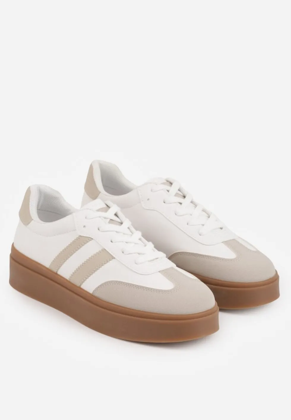 Beżowo-Białe Sneakersy Tenisówki Ozdobione Paskami Sovresia