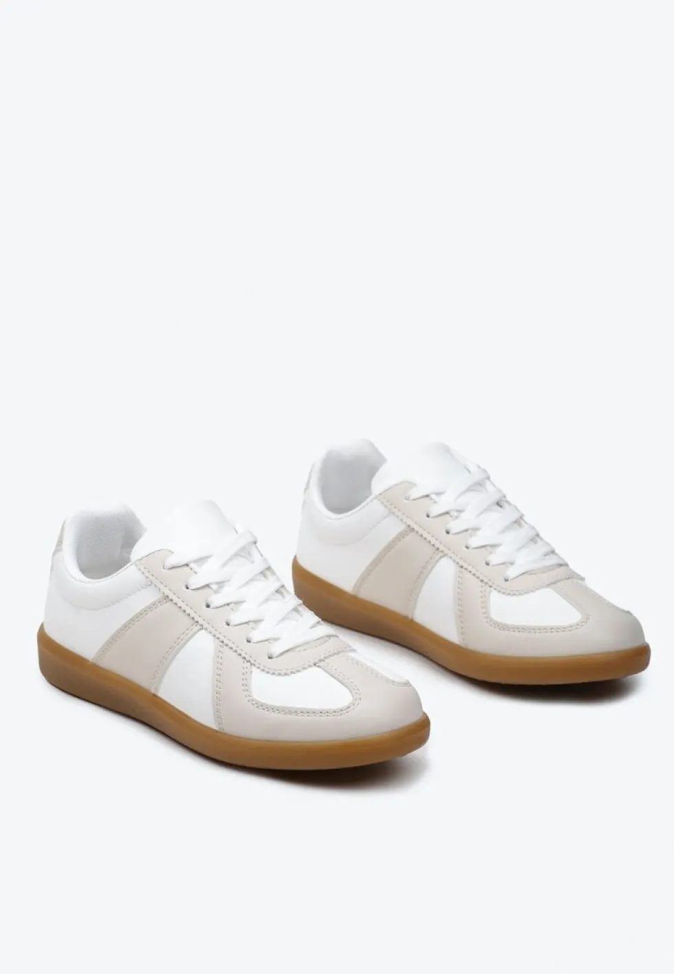 Beżowo-Białe Sneakersy Tenisówki z Ozdobnymi Przeszyciami Sumina