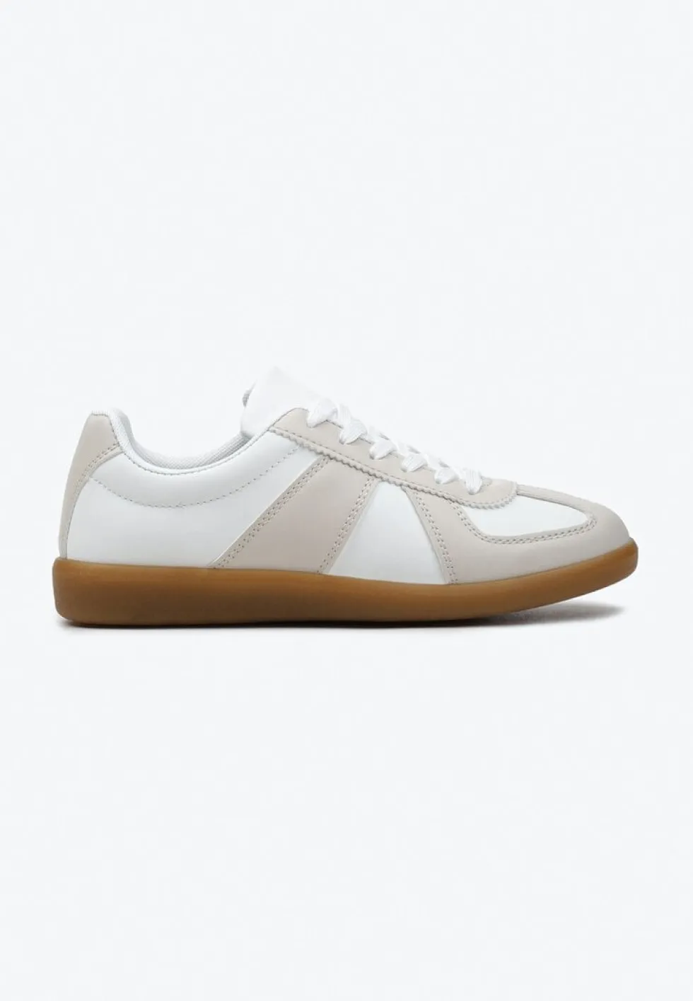Beżowo-Białe Sneakersy Tenisówki z Ozdobnymi Przeszyciami Sumina