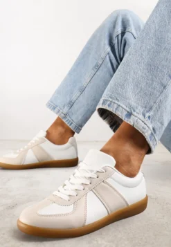 Beżowo-Białe Sneakersy Tenisówki z Ozdobnymi Przeszyciami Sumina