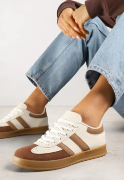 Beżowo-Białe Sneakersy w Stylu Klasycznych Tenisówek Zdobione Przeszyciami Ivelfia