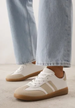 Beżowo-Białe Sneakersy w Stylu Tenisówek z Paskami Danareth