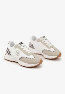 Beżowo-Białe Sneakersy z Zeberkowym Zdobieniami i Delikatnym Haftem Alisella