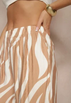 Beżowo-Białe Spodnie o Szerokim Kroju High Waist Ozdobione Paskami Lisamelia