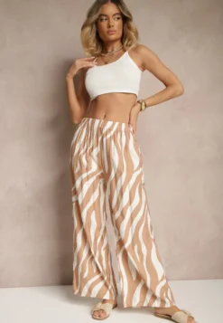 Beżowo-Białe Spodnie o Szerokim Kroju High Waist Ozdobione Paskami Lisamelia