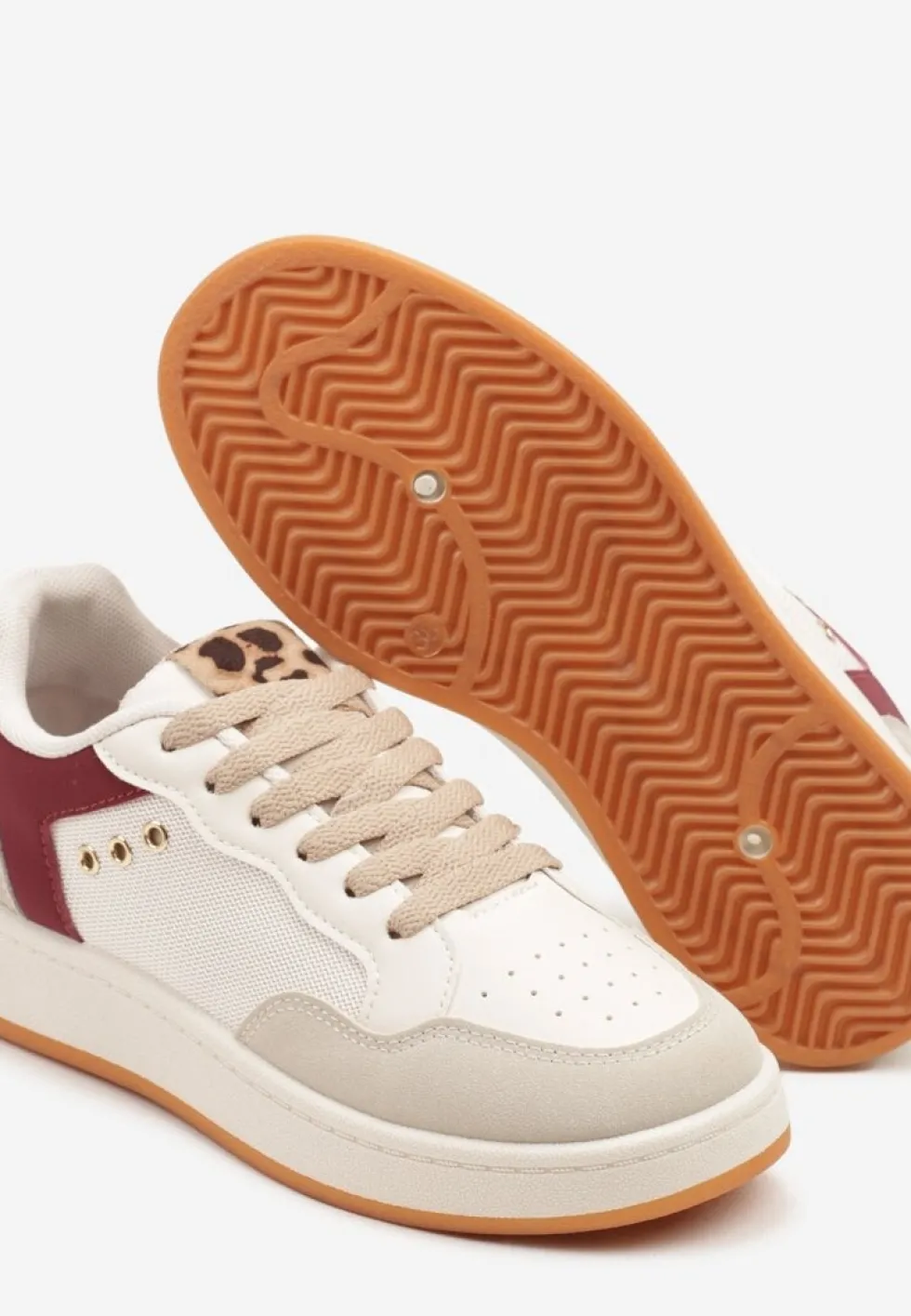 Beżowo-Bordowe Streetwearowe Sneakersy Zdobione Przeszyciami Neonisea