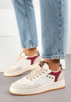 Beżowo-Bordowe Streetwearowe Sneakersy Zdobione Przeszyciami Neonisea