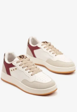 Beżowo-Bordowe Streetwearowe Sneakersy Zdobione Przeszyciami Neonisea