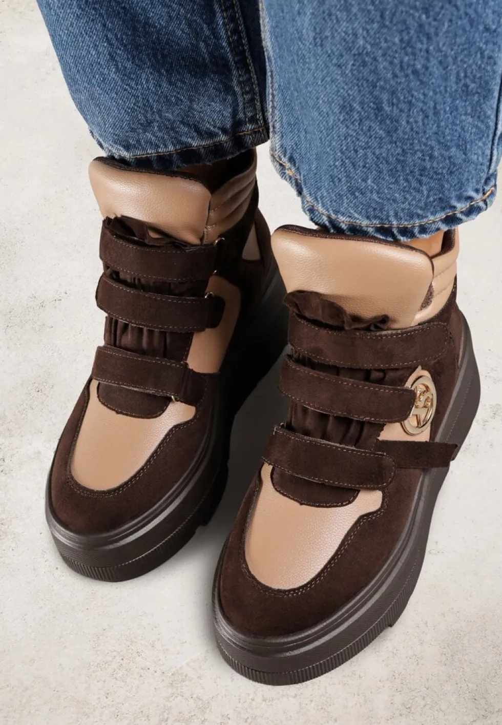 Beżowo-Brązowe Botki Sneakersy Vices na Platformie w Stylu Y2K Gelira