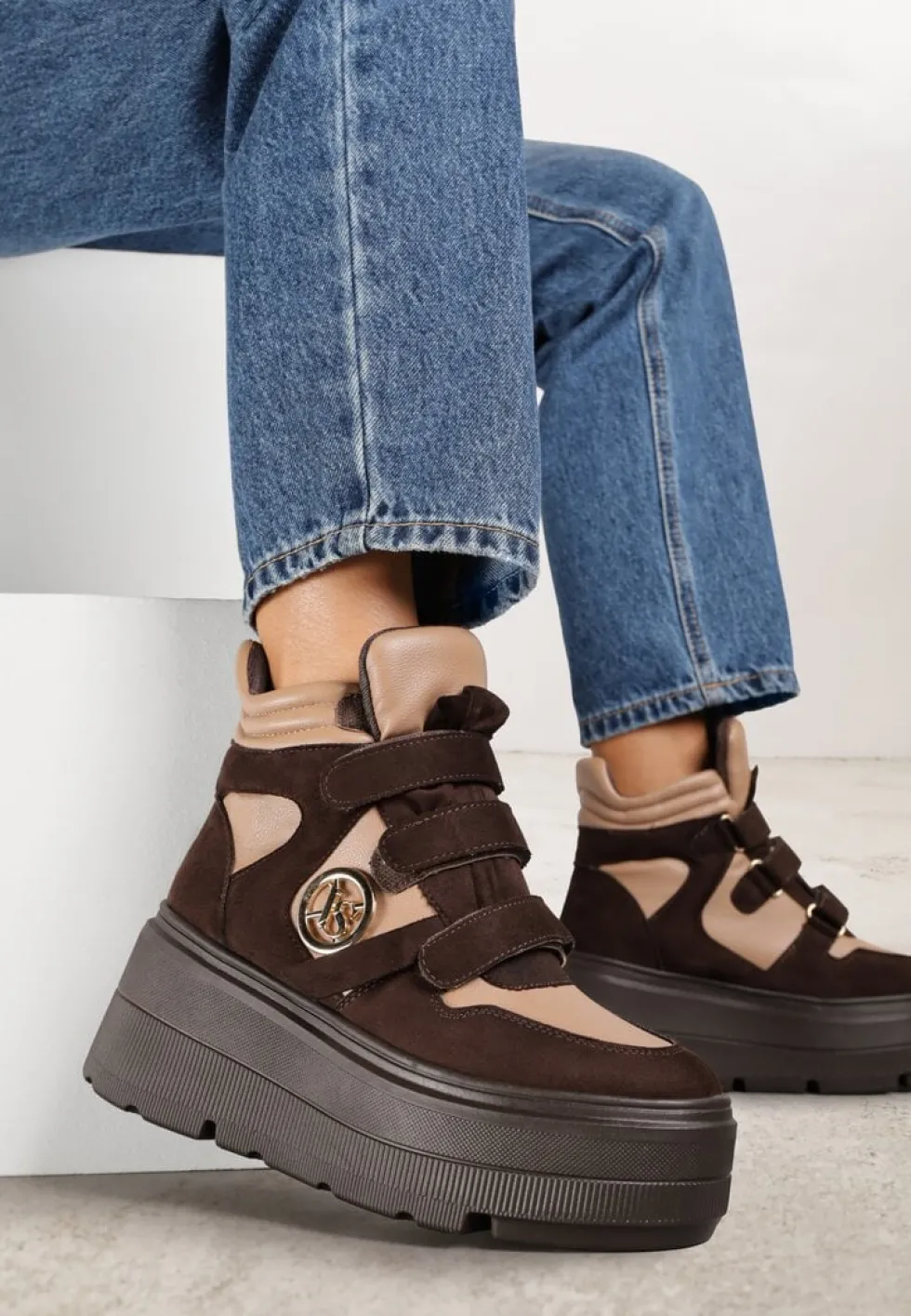 Beżowo-Brązowe Botki Sneakersy Vices na Platformie w Stylu Y2K Gelira